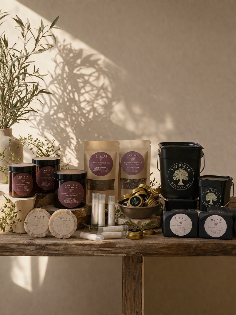 Local RootSync products—teas, soaps, balms, and survival kits—arranged on a rustic wooden table.